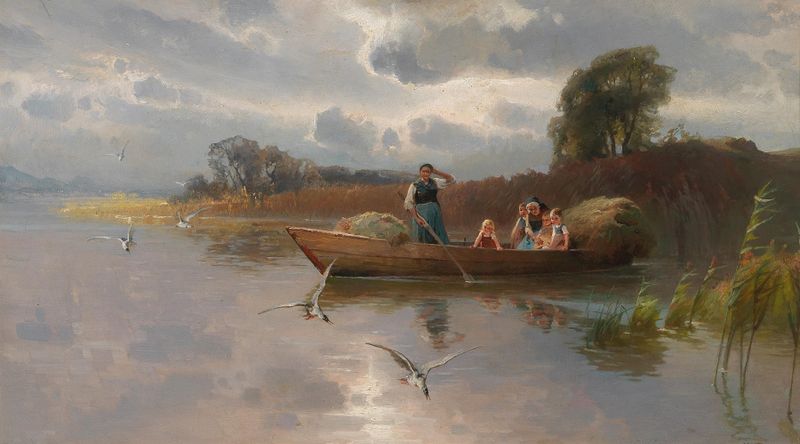 Lake Chiemsee with a boat, oil painting by Karl Raupp