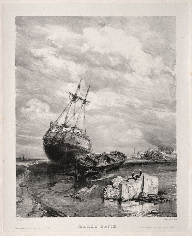 Marée basse de Eugène Isabey, óleo sobre tela que retrata uma paisagem marinha serena com silhuetas.