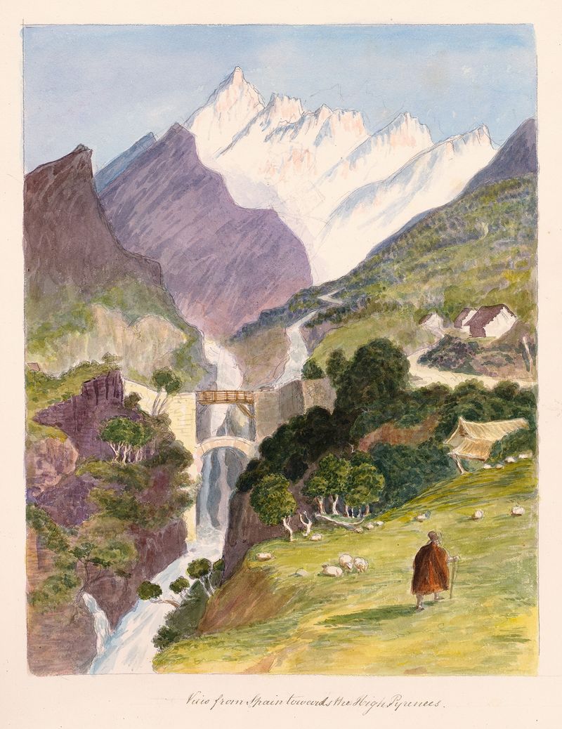 Aquarela de Charles Hamilton Smith mostrando montanhas, um céu azul e uma paisagem verdejante.