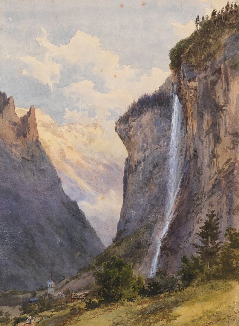 Der Staubbachfall in Lauterbrunnen by Edward Theodore Compton, oil painting depicting a waterfall and mountains.