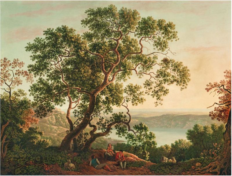 The Lago Nemi at twilight, oil painting by Carlo Labruzzi, featuring figures and goats.
