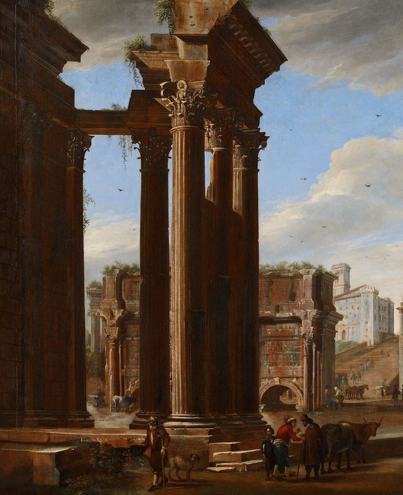 Vista no Fórum Romano, óleo sobre tela de Viviano Codazzi, apresentando grandes colunas e ruínas.