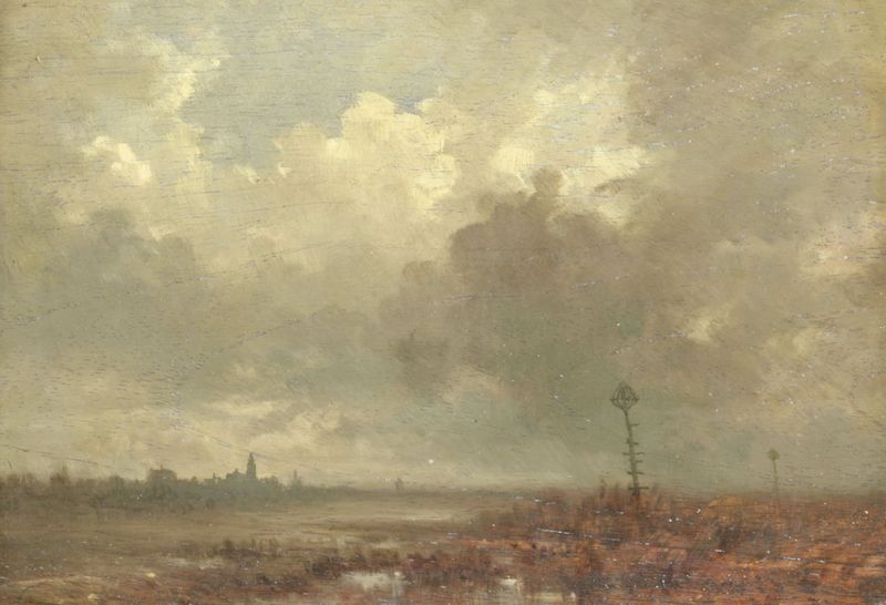 Riviergezicht bij avond de Adolphe Mouilleron, pintura a óleo que retrata um rio ao crepúsculo.