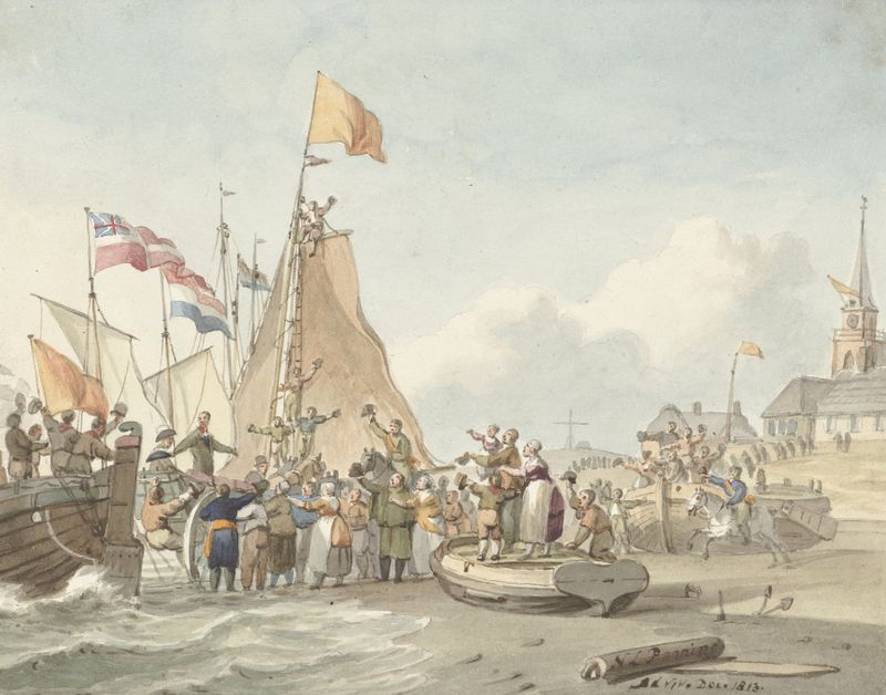 Cena histórica da chegada do Príncipe Guilherme Frederico, óleo sobre tela de Nicolaes Lodewick Penning