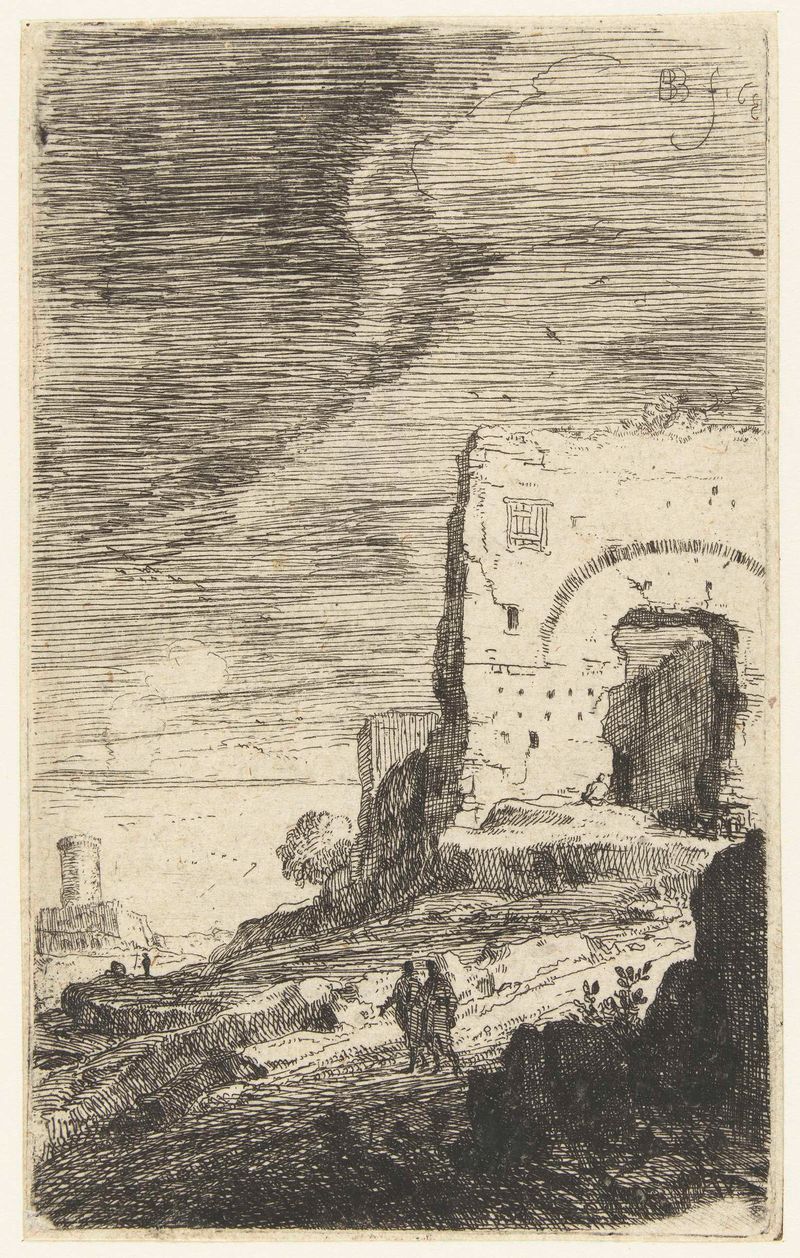 Etching by Bartholomeus Breenbergh depicting the Baths of Caracalla with soft light.