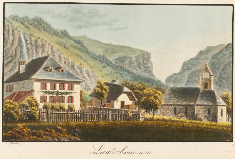 Lauterbrunnen de Jakob Samuel Weibel, óleo sobre tela retratando um vale tranquilo com cachoeiras.