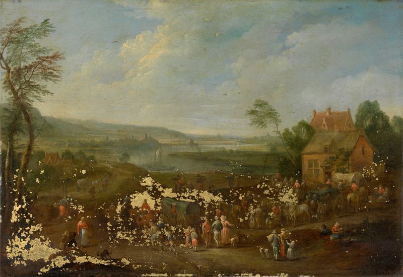 Landscape with Figures by Karel Breydel, oil on canvas depicting figures in a lush green landscape.