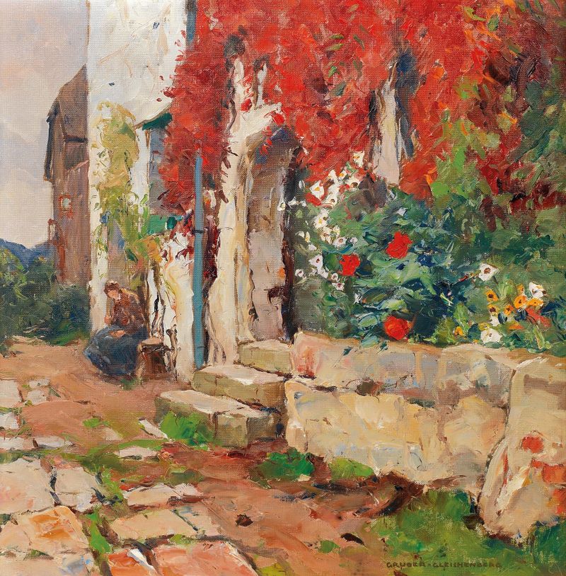 Haus mit wildem Wein de Franz Gruber-Gleichenberg, óleo sobre tela mostrando uma casa coberta de hera.