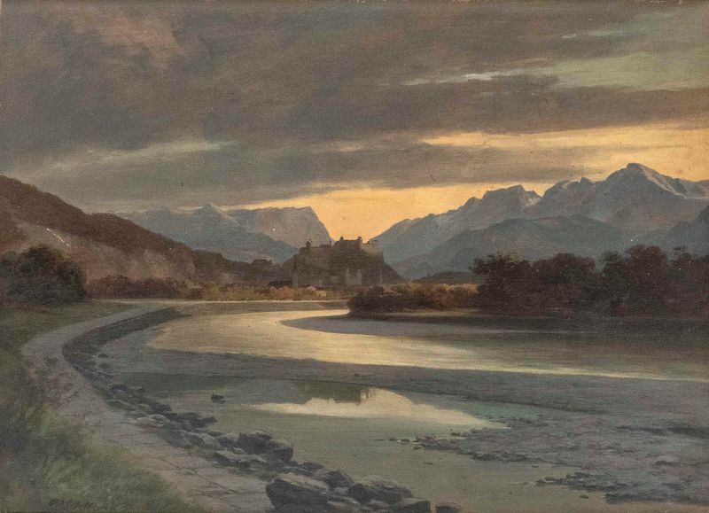 Landscape oil painting by Franz Kulstrunk depicting a river at sunset with mountains and reflections