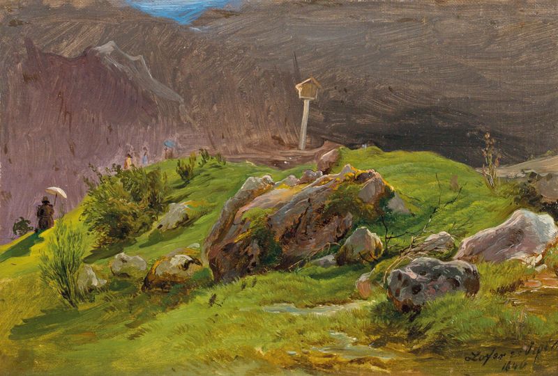 Trabalho figurativo de Eduard Ritter que retrata um pintor com uma paleta, óleo