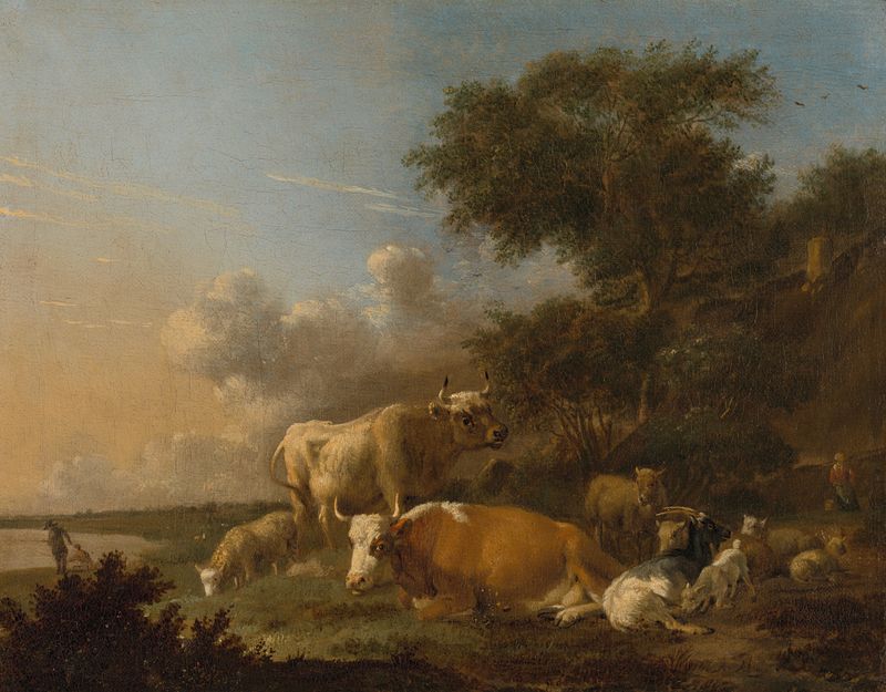Paisaje con Ganado de Albert Jansz Klomp, óleo sobre lienzo, que muestra ganado pastando en un paisaje tenue.