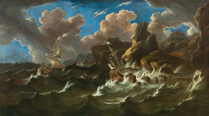 Pintura al óleo de Pieter Mulier el Viejo que muestra un mar tormentoso con barcos y nubes oscuras
