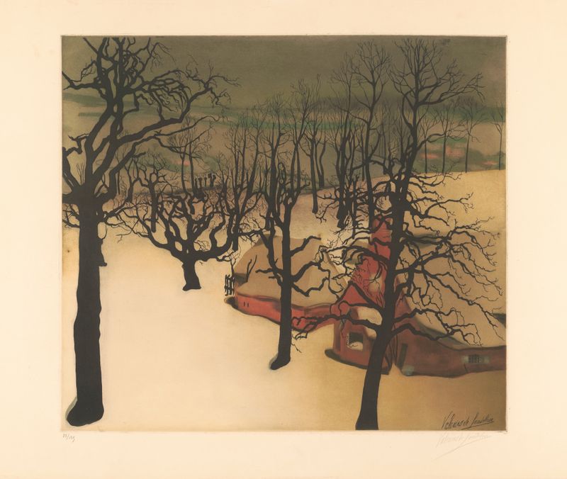Paisagem com cottages e colinas, pintura a óleo de Armand Apol