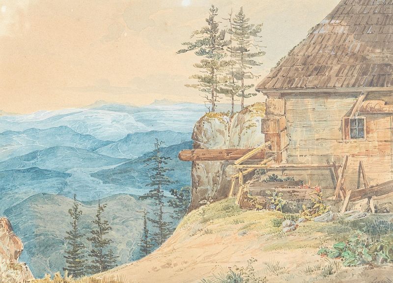 Pintura al óleo de Eduard Friedrich Leybold con montañas y luz suave.