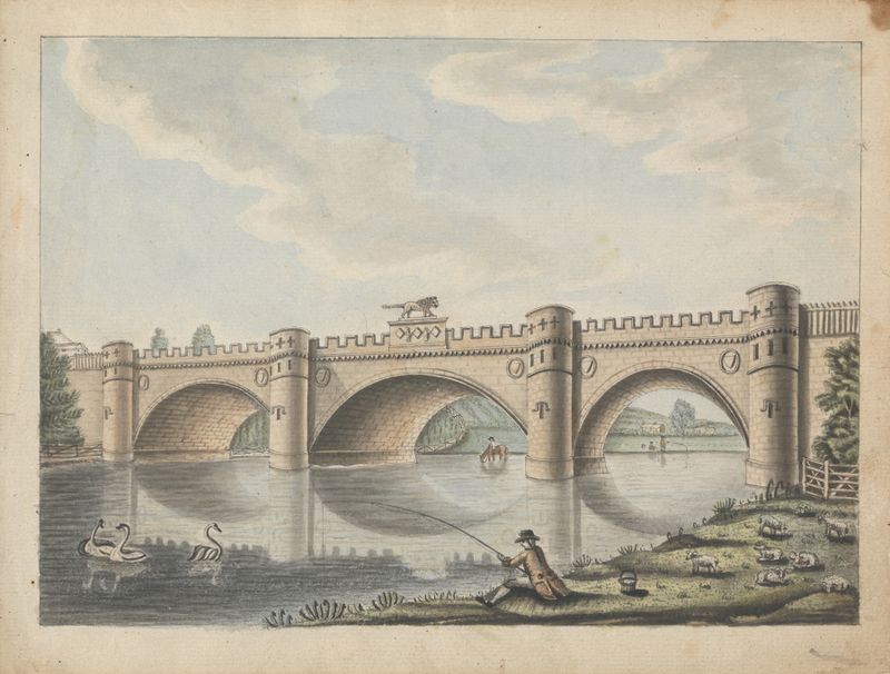 Watercolour by William Beilby depicting a bridge over a river near Alnwick Castle.