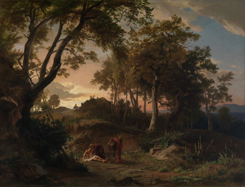 Oil painting by Johann Wilhelm Schirmer showing a Samaritan helping an injured wanderer at twilight.