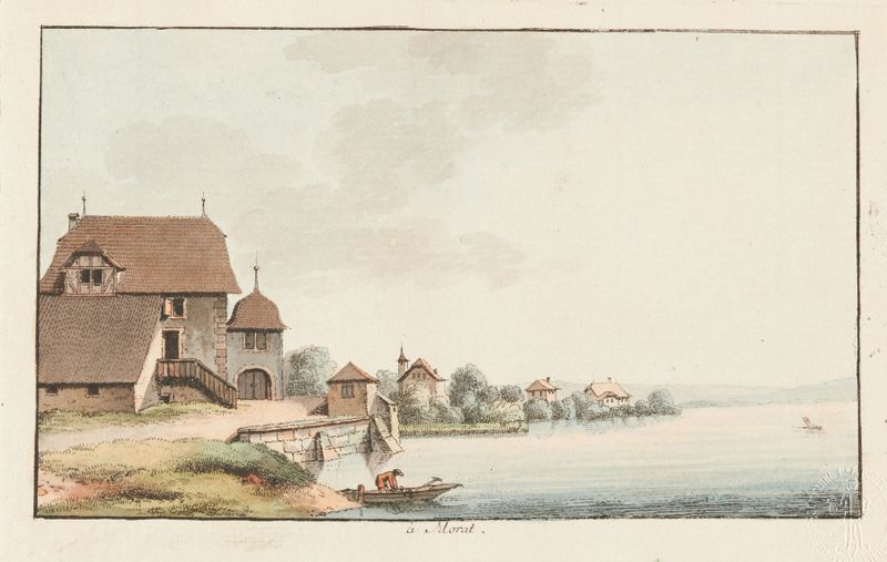 Paisaje de Johann Ludwig Aberli, que representa colinas y agua, pintura al óleo