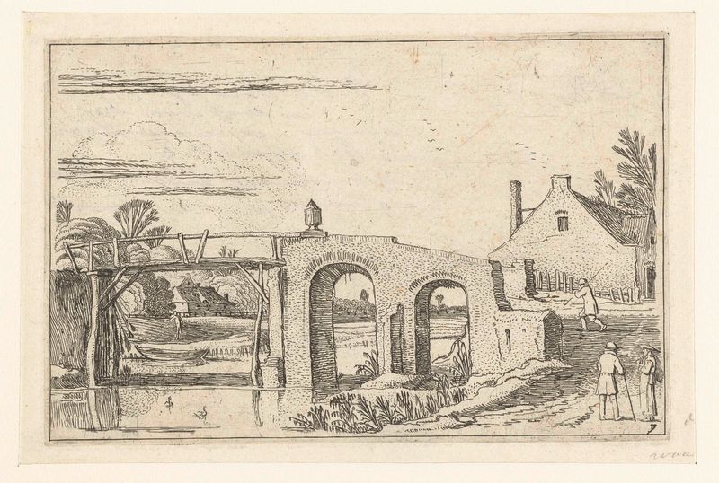 Landschap met pad over een brug van steen en hout, gravura de Esaias van de Velde