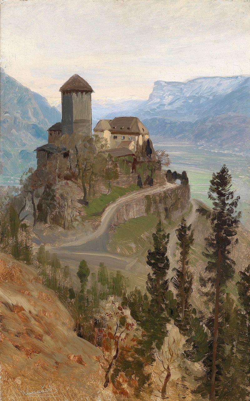 Schloss Tirol de Anton Hlavacek, óleo sobre tela que retrata um castelo cercado por vegetação exuberante e montanhas.