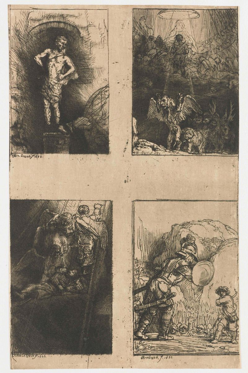 Etching by Rembrandt van Rijn featuring four figures in chiaroscuro
