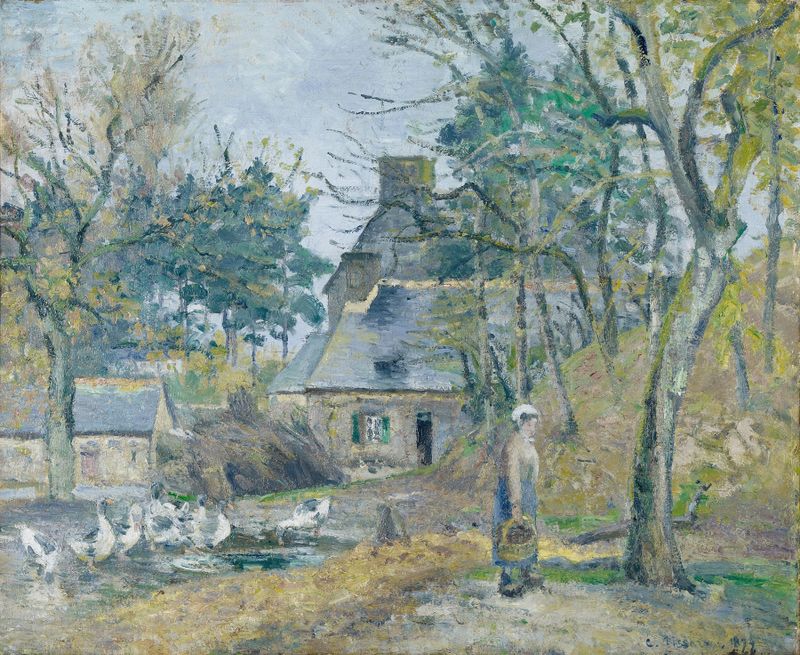 Paisagem de uma fazenda em La ferme à Montfoucault por Camille Pissarro, pintura a óleo