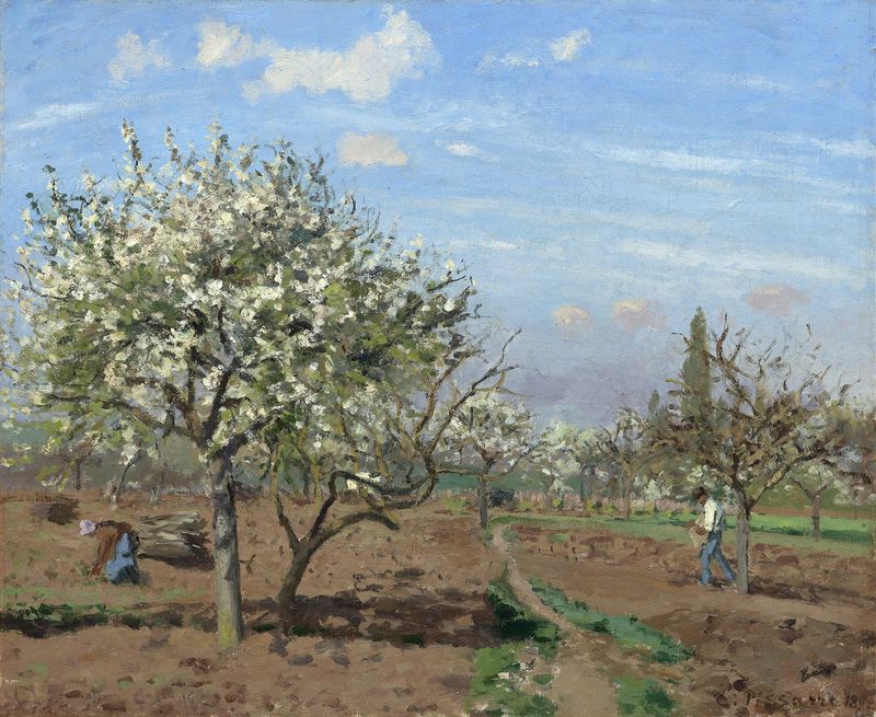 Orchard in Bloom, Louveciennes by Camille Pissarro, oil painting depicting apple blossoms.