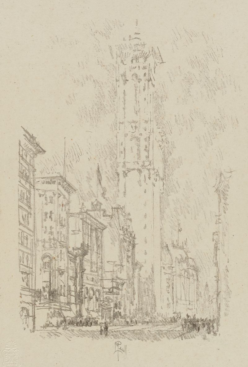 The Times Building by Joseph Pennell, etching, featuring a skyscraper against a dramatic sky.