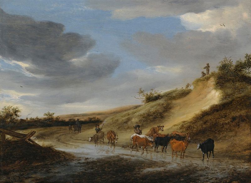 Uma Paisagem Extensa Com Gado E Seus Pastores de Salomon van Ruysdael, pintura a óleo