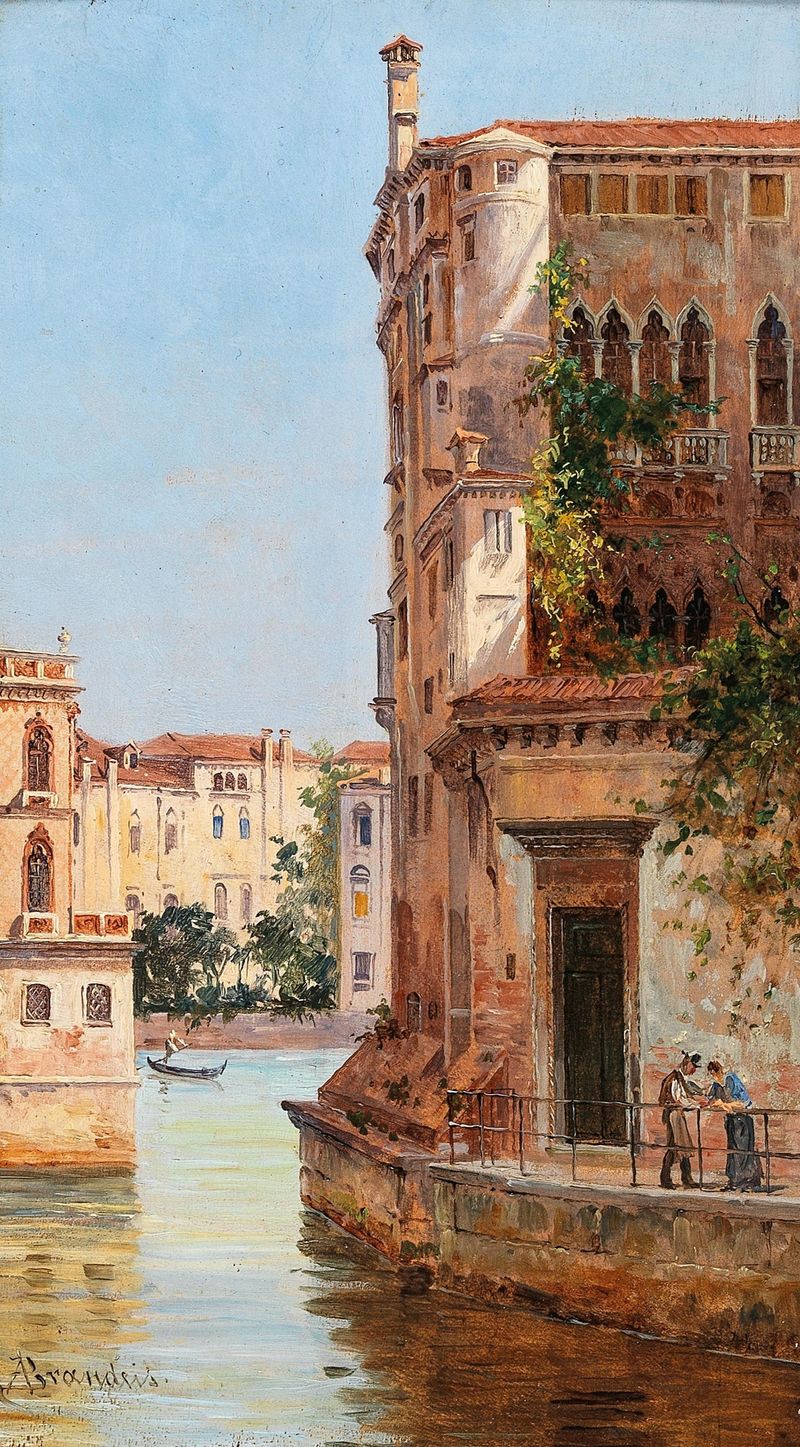 Veneza, Palazzo Contarini de Antonietta Brandeis, óleo sobre tela retratando uma cena serena do canal.