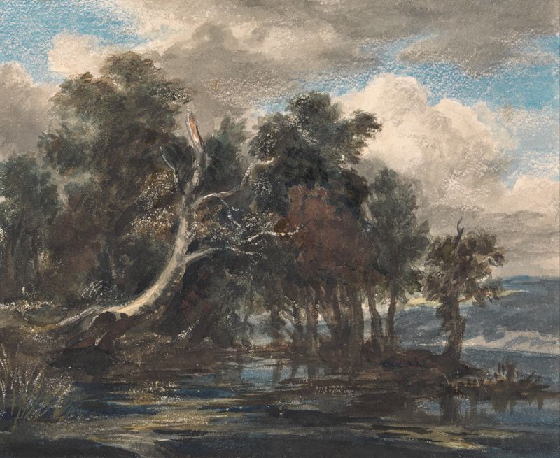 Paisagem com árvores à beira de um rio sob um céu nublado, meio desconhecido, por Artista Desconhecido.
