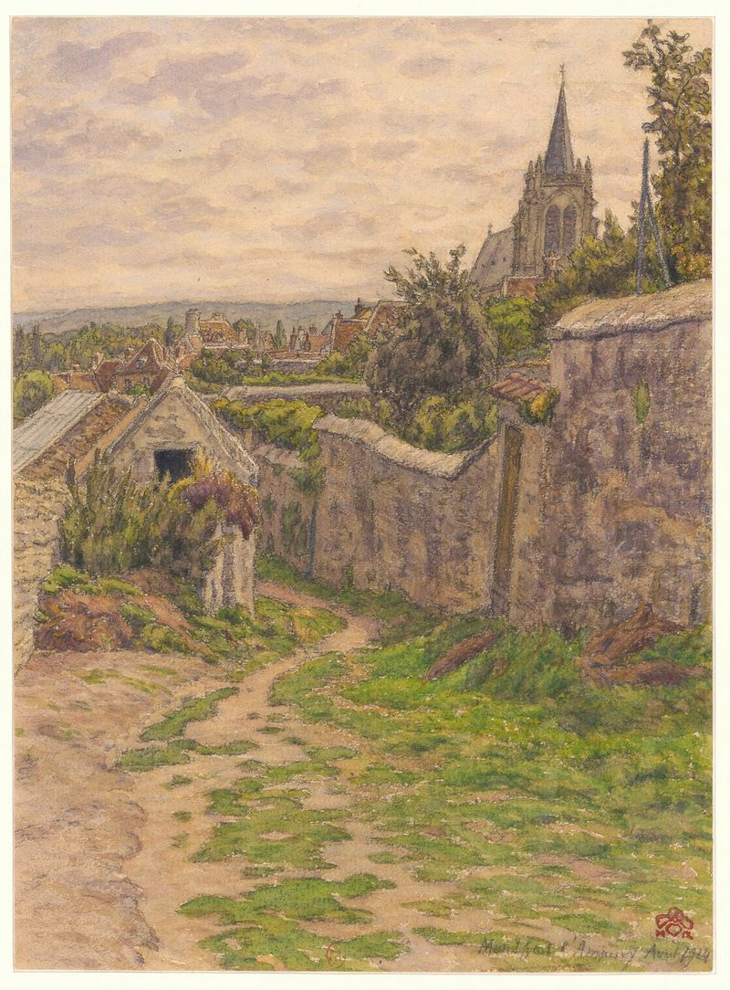 Montfort-l’Amaury, aquarela sobre papel de Henri Rivière retratando uma paisagem tranquila com reflexos.