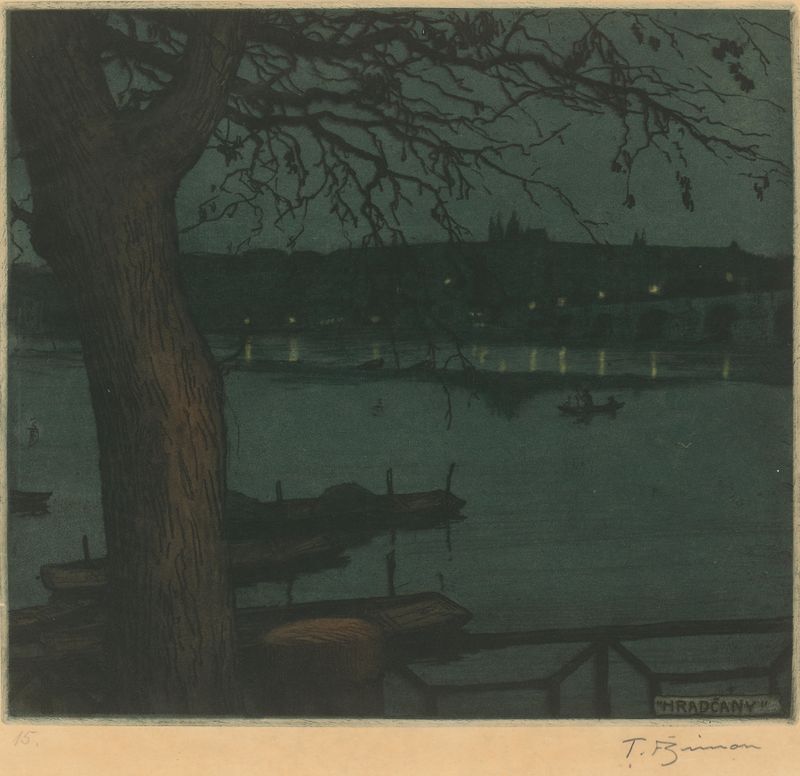 Oil painting by Tavík František Šimon featuring a tranquil river and silhouetted trees