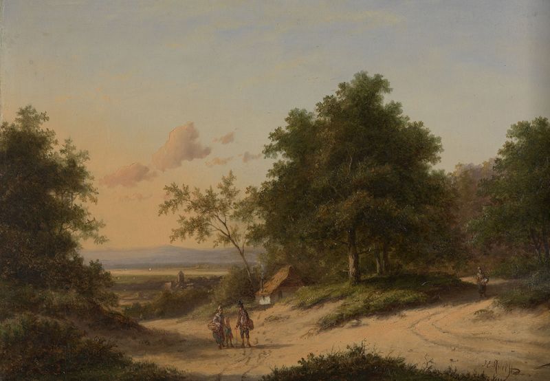 Wooded landscape oil painting by Jan Evert Morel featuring a thicket of trees and dappled light.