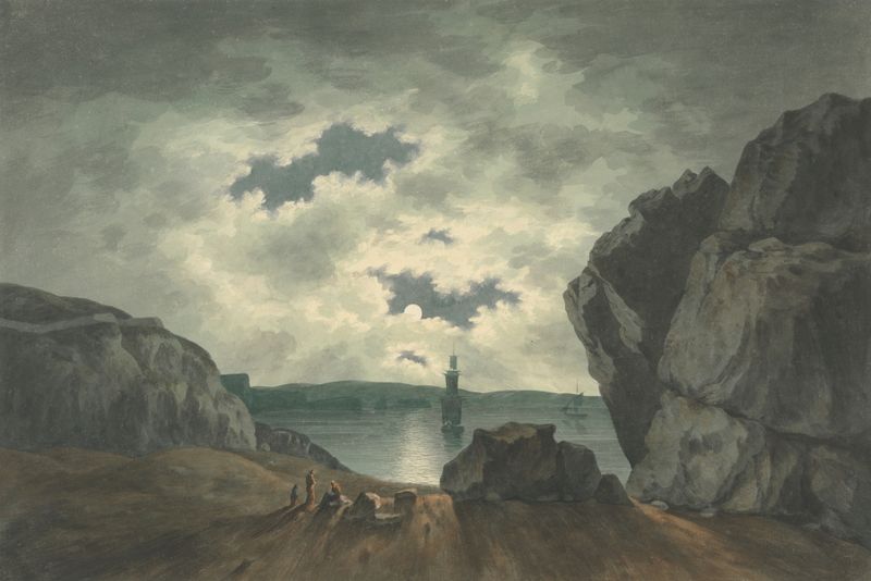 Bay Scene in Moonlight, watercolor on paper by John Warwick Smith, depicting a moonlit landscape.