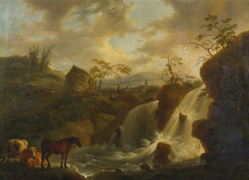 Un caballo y vacas junto a un río caudaloso, óleo sobre lienzo de Jean Baptiste De Roy
