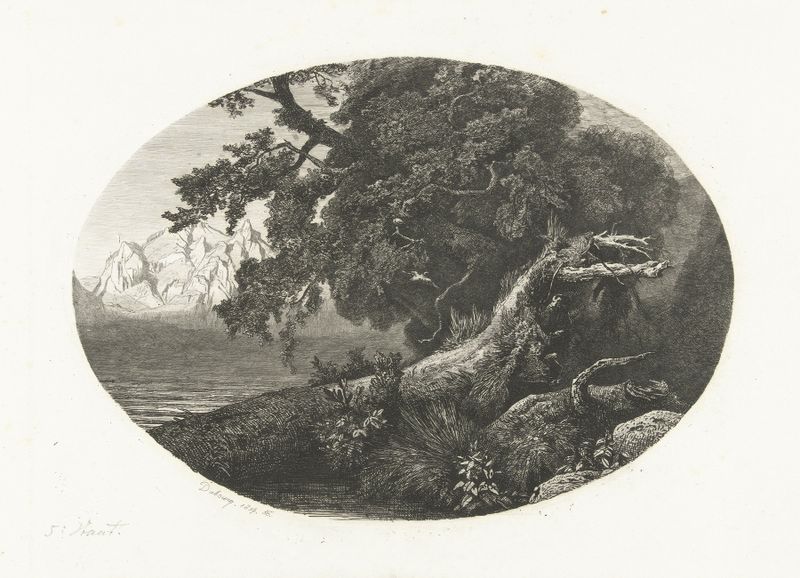 Pintura a óleo de Pierre Louis Dubourcq mostrando um tronco de árvore desgastado na costa