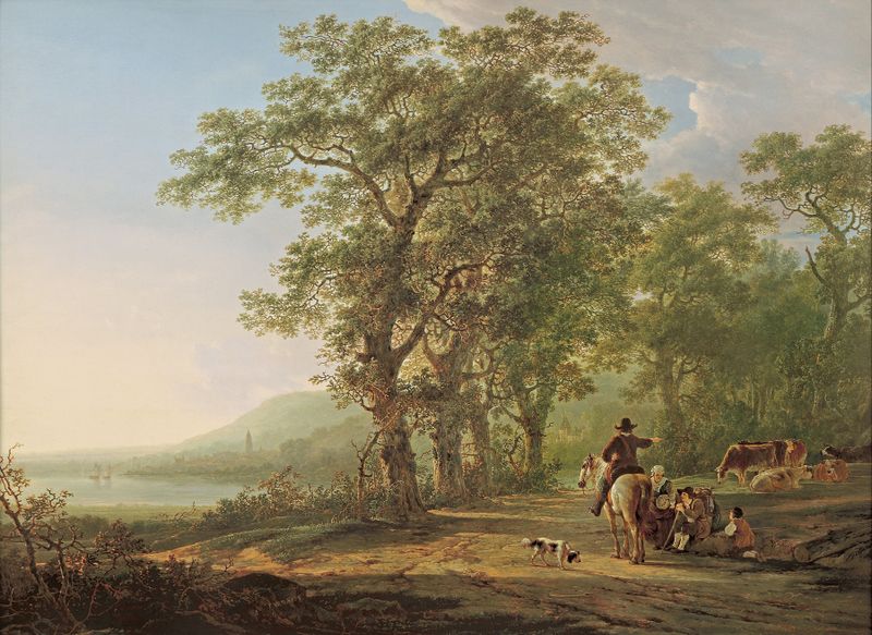 Paisagem florestal com árvores e luz de Jacob van Strij, óleo sobre tela