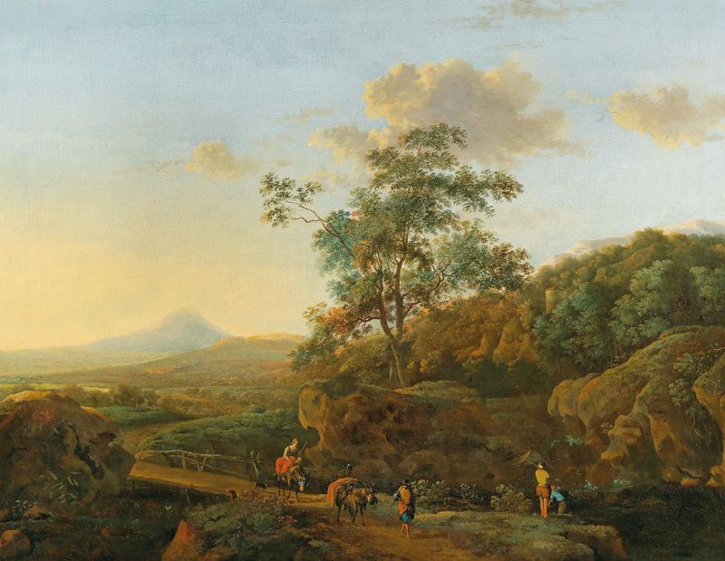 Landscape with hills and travellers by Dutch School
