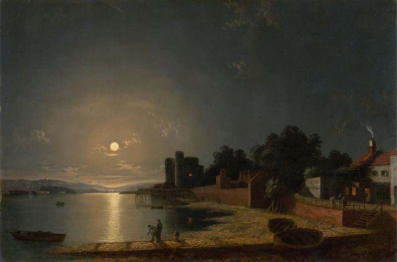 Oil painting of Upnor Castle by Henry Pether, highlighting the castle's facade and reflective water.