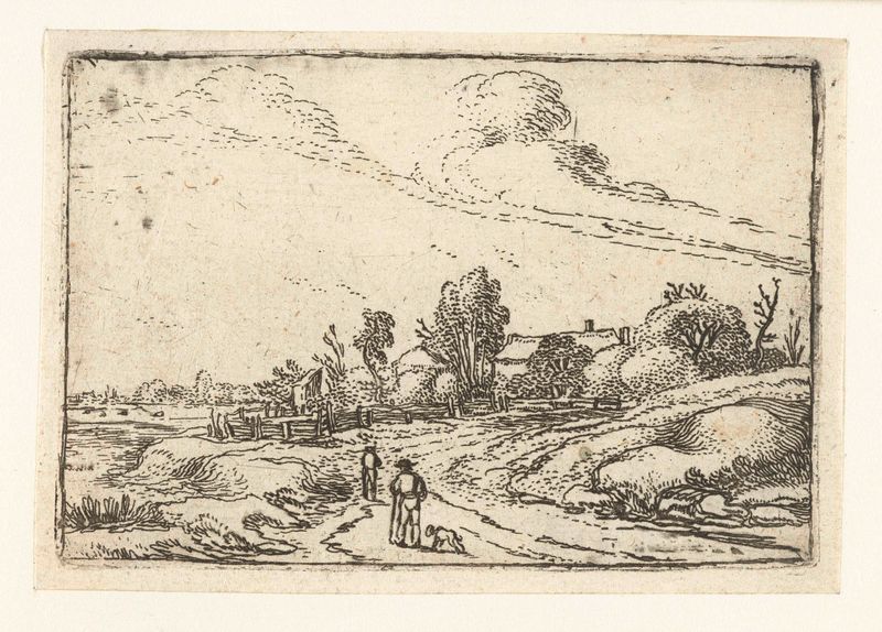 Grabado de Esaias van de Velde que muestra un paisaje campestre sereno con suaves tonos y luz.