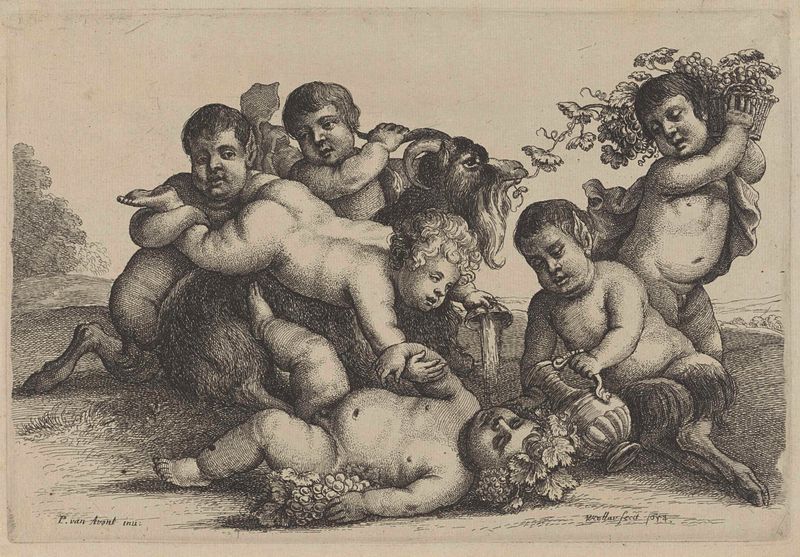 Gravura de Wenceslaus Hollar retratando três meninos, sátiros, um bacante e uma cabra