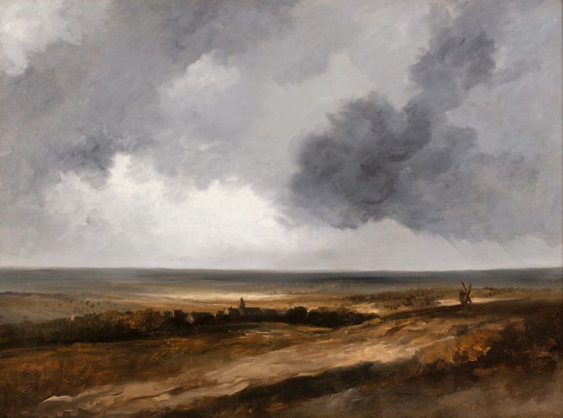 Paisaje que muestra una llanura bajo un cielo colorido de Georges Michel, pintura al óleo.