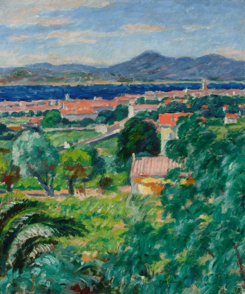 Landscape from Saint-Tropez de Józef Pankiewicz, pintura a óleo que retrata a luz do sol sobre arbustos exuberantes
