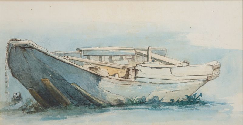 Old Boat by Petrus van der Velden, oil on canvas depicting a weathered vessel on still water.