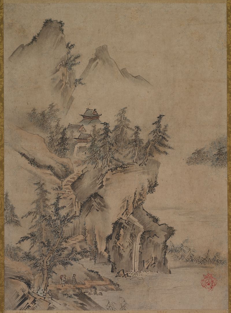 Arte tradicional chinesa de Kano Hidemasa retratando um erudito viajando para um templo na montanha