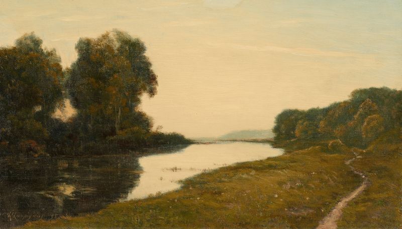 View of a Stream by Henri-Joseph Harpignies, oil painting depicting water and foliage.