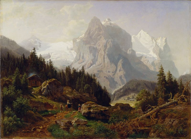 Landscape depicting tourists in the mountains by Nils Bjørnsen Møller, oil painting