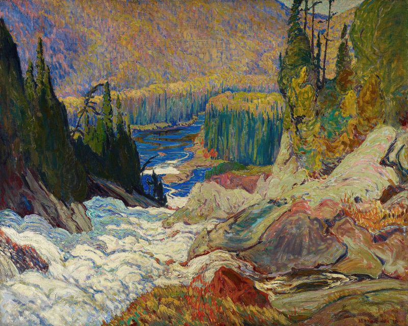 Falls, Montreal River by James Edward Hervey MacDonald, oil on canvas depicting a vibrant waterfall and lush foliage.