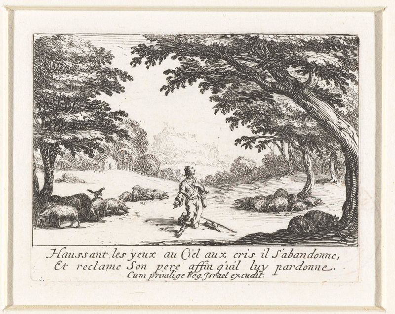Figura ajoelhada pedindo perdão em uma gravura de Jacques Callot