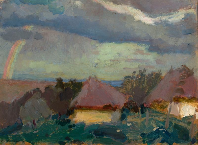 Rural landscape with a rainbow, oil on canvas by Tadeusz Makowski
